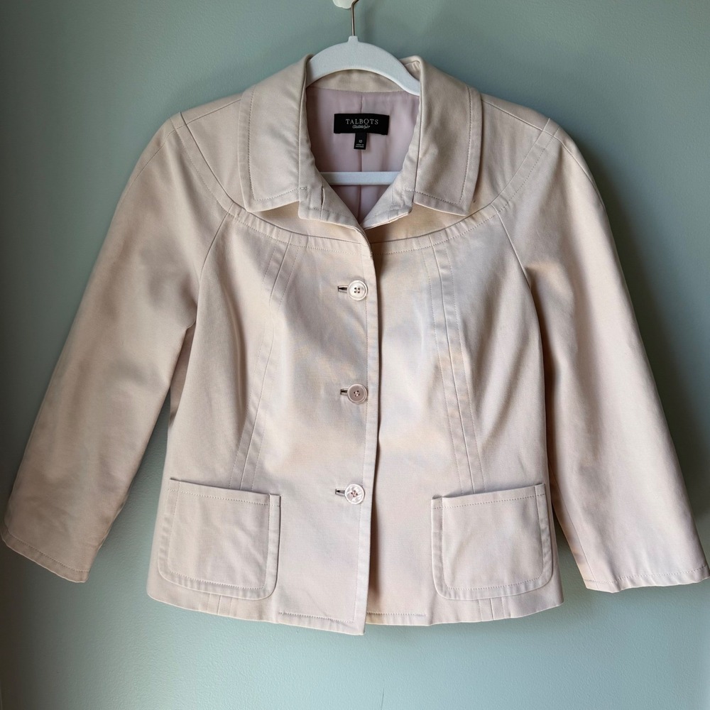 Vintage Talbots Blazer Jacket Cream Ivory Cotton Stretch Button Pockets Size 10